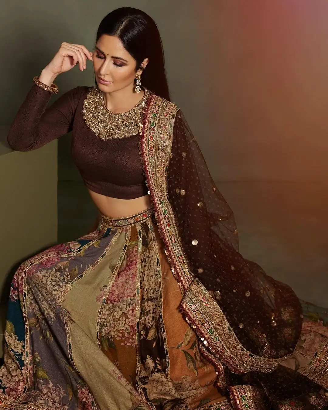 Indian Actress Katrina Kaif in Maroon Lehenga Choli